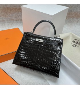 Kelly Krokodýl lesklé ck89 Noir Silver Hardware Phw 28cm Plný Handmade