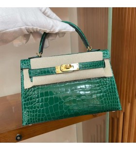 Mini Kelly lesklý alligator 6Q, jade green Gold Hardware 19cm Plná RuÄnà práce