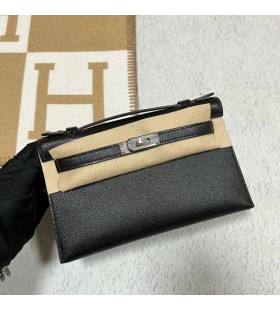 Mini Kelly Pochette Chevre Ck89 Černá Stříbrná Hardware 22cm Plný Handmade