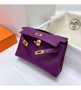 Mini Kelly Pochette Swift P9 actiniae fialová Zlatá Hardware Ghw 22cm Plný Handmade