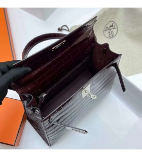 Kelly Lesklé Nilo Krokodýl Ck57 Bordeaux red Stříbrný Hardware Phw 28cm Plný Handmade