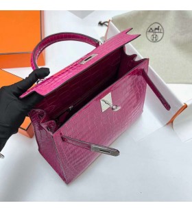 Kelly Lesklé Porosus Krokodýl E5 Růže Růžová Stříbrná Hardware Phw 28cm Plný Handmade