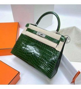 Kelly Lesklé Nilo Krokodýl tmavě Zelené Stříbrný Hardware Phw 28cm Plný Handmade