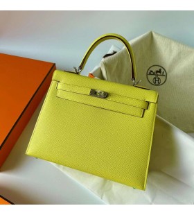 Kelly Epsom 9R Citronově žluté Stříbrný Hardware Phw 25cm Plný Handmade