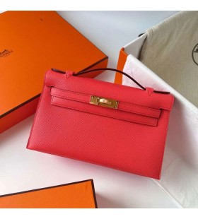 Mini Kelly Pochette Epsom 0E Meloun červený Zlatý Hardware Ghw 22cm Plný Handmade