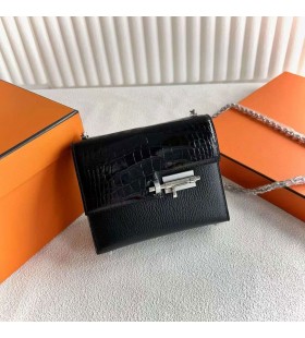 Verrou Touch Chevre A Lesklý Alligator Krokodýl Ck89 Černá Stříbrná Hardware 17,5 cm Full Ruční Phw