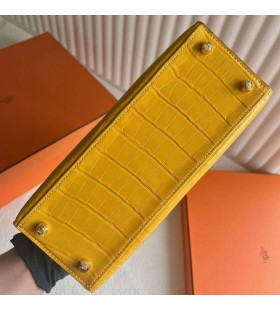 Kelly lesklý Alligator Krokodýl 9D Jantarově žluté Zlato Hardware 25cm Plné Ghw Ručně