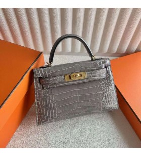 Mini Kelly lesklý Alligator Krokodýl M8 Grey Gold Hardware 19cm Plná Ruční Ghw