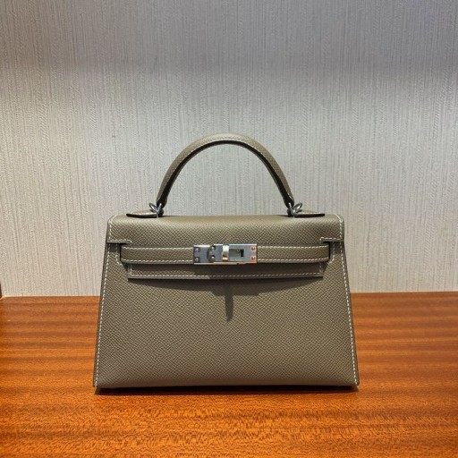 Mini Kelly ll Epsom ck18 Etoupe Sølv Hardware PHW 19cm Fuld Håndlavet