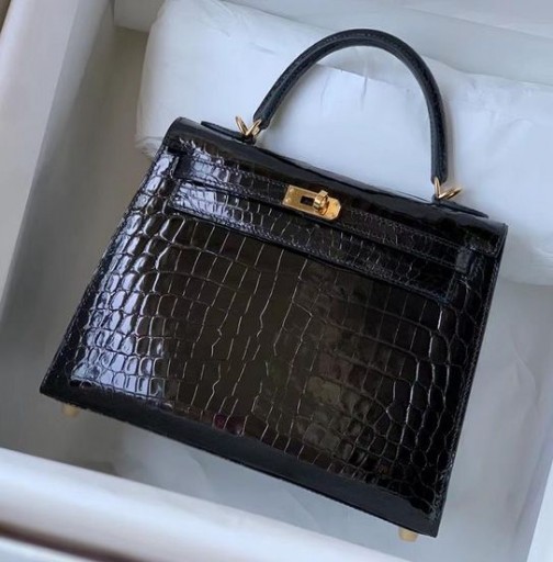 Kelly Alligator Skinnende Sort Guld Hardware 25cm Fuld Håndlavet
