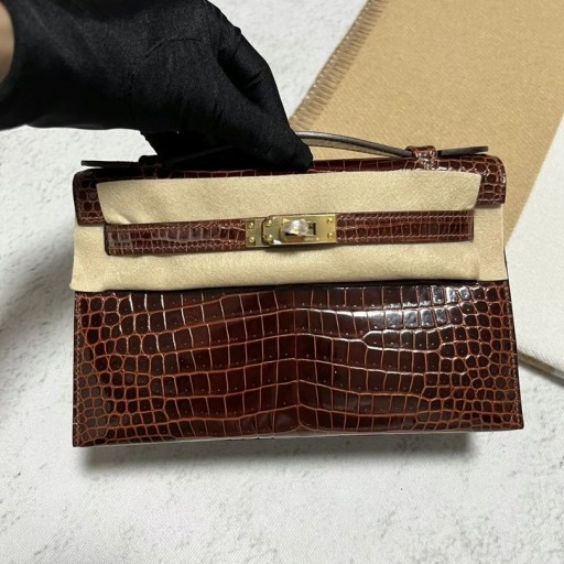 Mini Kelly Pochette skinnende porosus cc31 Miel Brune Guld Hardware ghw 22cm Fuld Håndlavet