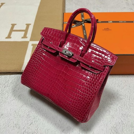 Birkin Skinnende Porosus Krokodille i6 Rose Pink Sølv Hardware 25cm Fuld Håndlavet