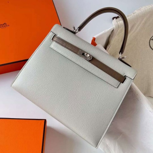 Kelly Chevre Ck80 Pearl grey & Ck18 Etoupe Sølv Hardware Phw 25cm Fuld Håndlavet