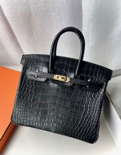 Birkin Mat Alligator, Krokodille Ck89 Sort Guld Hardware 25cm Fuld Håndlavet Ghw