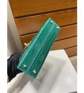 Mini kelly ll Alligator skinnende 6Q jade grøn Guld Hardware GHW 19cm Fuld Håndlavet
