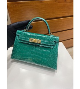 Mini kelly ll Alligator skinnende 6Q jade grøn Guld Hardware GHW 19cm Fuld Håndlavet