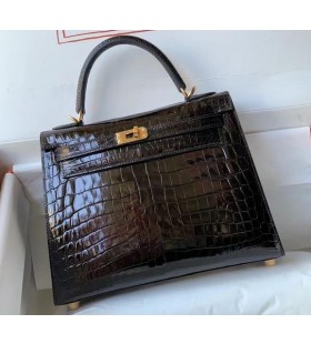 Kelly Alligator Skinnende Sort Guld Hardware 25cm Fuld HÃ¥ndlavet