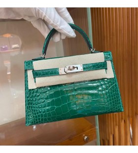 Mini Kelly skinnende alligator 6Q jade grøn Sølv Hardware 19cm Fuld Håndlavet