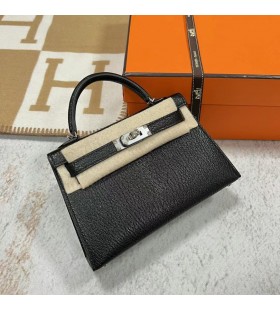 Mini Kelly Chevre Ck89 Sort Sølv Hardware Phw 19cm Fuld Håndlavet