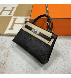 Mini Kelly Chevre Ck89 Sort Sølv Hardware Phw 19cm Fuld Håndlavet