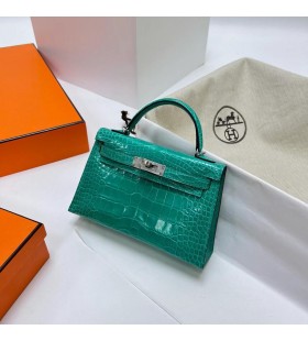 Mini Kelly skinnende alligator, krokodille O6 Grøn Sølv Hardware Phw 19cm Fuld Håndlavet