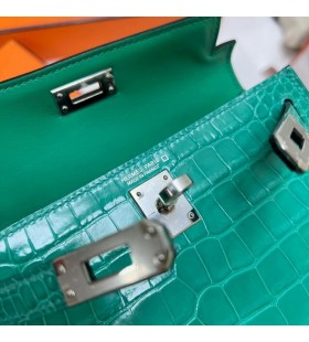 Mini Kelly skinnende alligator, krokodille O6 Grøn Sølv Hardware Phw 19cm Fuld Håndlavet