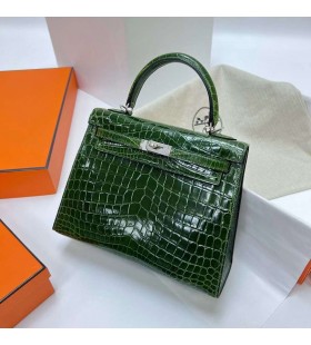 Kelly Skinnende Nilo Krokodille Ck67 Dyb Grøn Sølv Hardware Phw 25cm Fuld Håndlavet