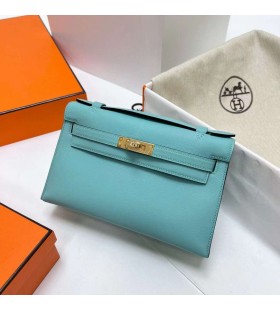 Mini Kelly Pochette Swift 3P Candy Blå Guld Hardware Ghw 22cm Fuld Håndlavet