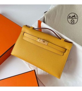 Mini Kelly Pochette Epsom 9D Amber gul Guld Hardware Ghw 22cm Fuld HÃ¥ndlavet