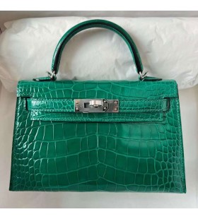 Mini Kelly Skinnende Alligator, Krokodille 6Q jade grÃ¸n SÃ¸lv Hardware Phw 19cm Fuld HÃ¥ndlavet