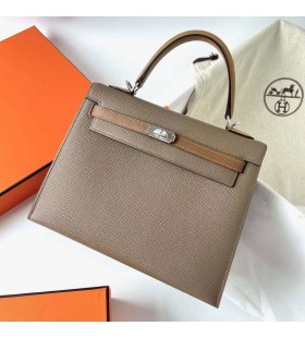 Kelly Epsom Ck18 Etoupe Grå & 3G-kastanje & 4B Lys Brun Sølv Hardware Phw 25cm Fuld Håndlavet