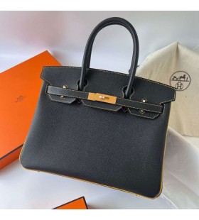 Birkin Epsom Ck89 Black & 9D Amber gul Guld Hardware Bghw 30cm Fuld HÃ¥ndlavet