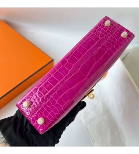 Mini Kelly Skinnende Alligator J5 Deep purple, pink Guld Hardware 19cm Fuld Håndlavet Ghw