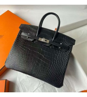 Birkin mat alligator, krokodille Ck89 Sort Sølv Hardware 25cm Fuld Håndlavet Phw