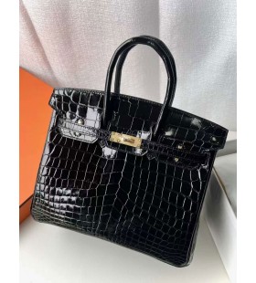 Birkin skinnende Niloticus krokodille Ck89 Sort Guld Hardware 25cm Fuld HÃ¥ndlavet Ghw