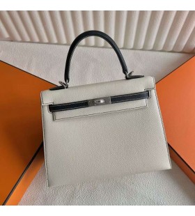 Kelly Epsom Ck10 Creme Hvid & Sort Sølv Hardware 25cm Fuld Håndlavet Phw