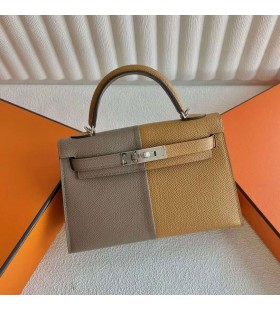 Mini Kelly Epsom Ck18 Etoupe & 2S sesam & scuba blue Silver Hardware 19cm Fuld Håndlavet Phw