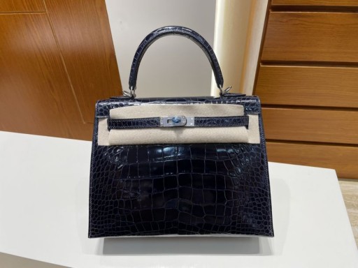 Kelly Alligator glanzend indigo Blauw Zilver Hardware PHW 25cm Volledig Handgemaakt