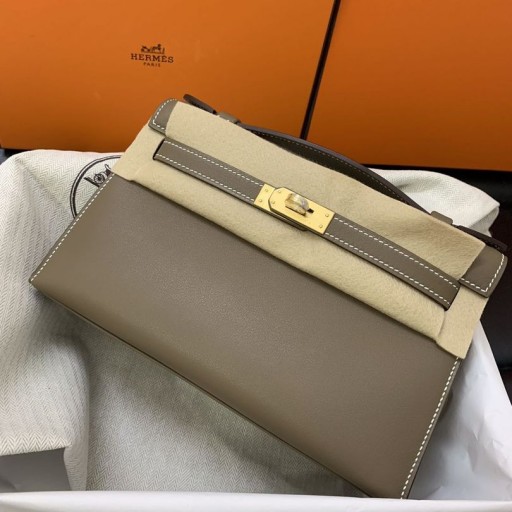 Mini kelly pochette Swift ck18 Etoupe Gouden Hardware GHW 22cm Volledig Handgemaakt