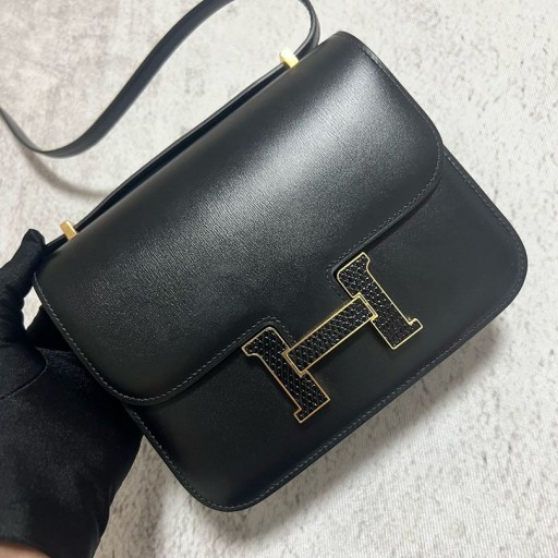 Constance Boxcalf ck89 Noir Black Lizard gesp Goud Hardware GHW 18cm Volledig Handgemaakt