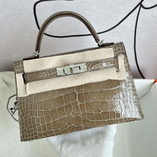 Mini Kelly Glanzend Alligator Krokodil Ck18 Etoupe Grijs Zilver Hardware PHW 19cm Volledig Handgemaakt