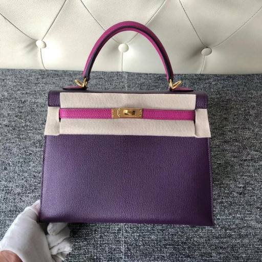 Kelly Hss Chevre Ck59 druif paars & L3 roze Goud Hardware 25cm Volledig Handgemaakt
