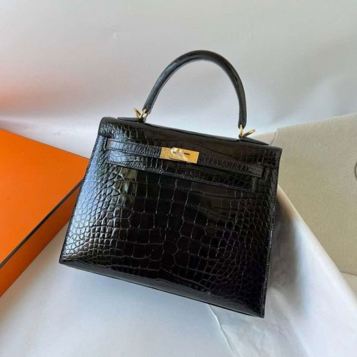 Kelly Glanzend Alligator Krokodil Ck89 Zwart Goud Hardware 25cm Volledig Handgemaakt Ghw