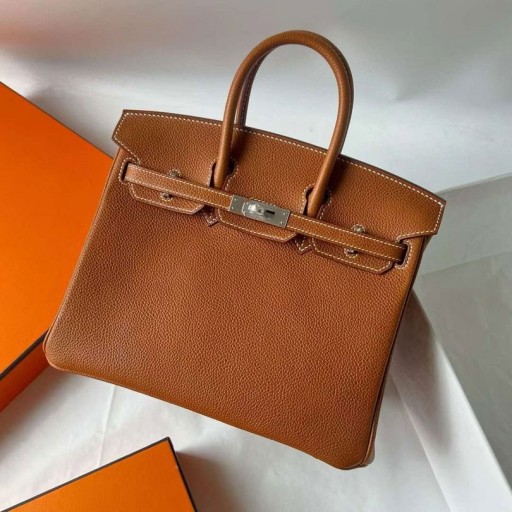 Handtassen Birkin Barenia Cc34 Diep Goud Bruin Zilver Hardware 25cm Volledig Handgemaakt Phw