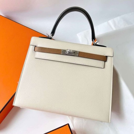 Kelly Epsom i2 Romige Witte & 0M Koffie Khaki & 0L Grijs Zilver Hardware 25cm Volledig Handgemaakt Phw