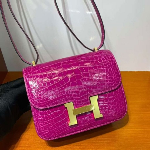 Constance Glanzend Alligator Krokodil J5 Rose Paars Roze Goud Hardware 18cm Volledig Handgemaakt Ghw