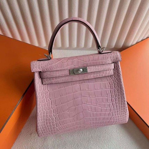 Kelly mat Alligator Krokodil 3Q sakura pink Silver Hardware 25cm Volledig Handgemaakt Phw
