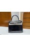 Kelly Alligator glanzend indigo Blauw Zilver Hardware PHW 25cm Volledig Handgemaakt