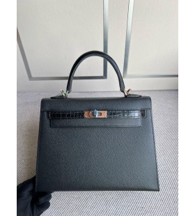 Kelly Touch Epsom & glanzend krokodil ck89 Noir Rose Goud Hardware 25cm Volledig Handgemaakt