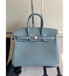 Birkin togo J7 linnen Blauw en khaki Zilver Hardware PHW 25cm Volledig Handgemaakt